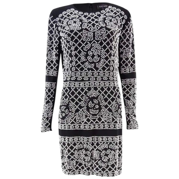 XSCAPE black knit party long sleeve sexy dress with white and clear beads sz 10 - Picture 7 of 11